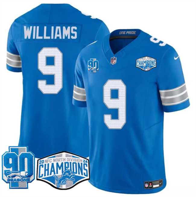 Men%27s Detroit Lions #9 Jameson Williams Blue 2024 NFC North Champions 90th Anniversary Patch F.U.S.E. Vapor Limited Stitched Jersey->detroit lions->NFL Jersey